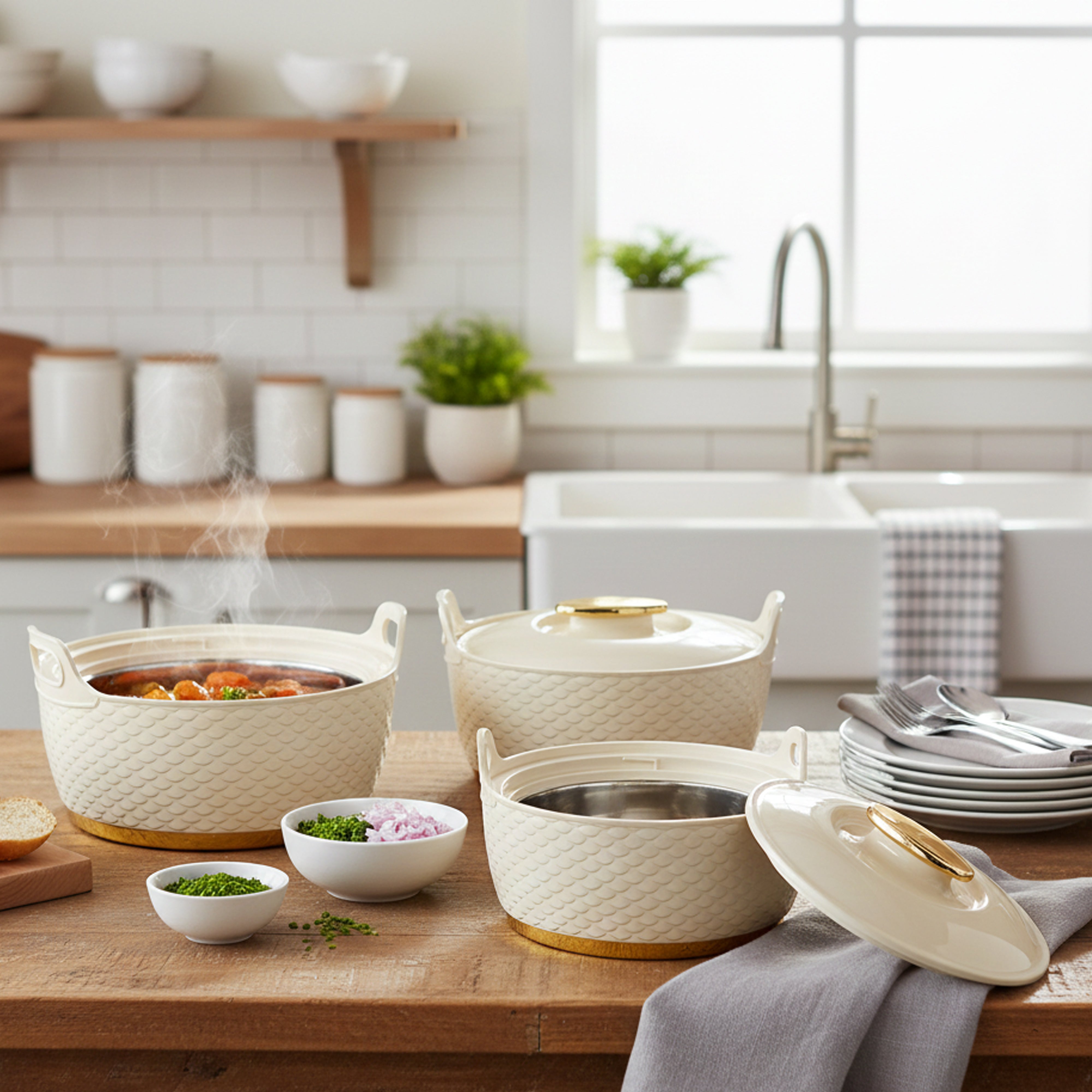 Asian Majestic Gold Cass Dlx Set3 (1500+2500+3500) | Super PU Insulation Hot Pot with Stainless Steel Inner Casing | Dishwasher Safe | Serving Dishes with Lids | Hot Food Storage Container & Warmers