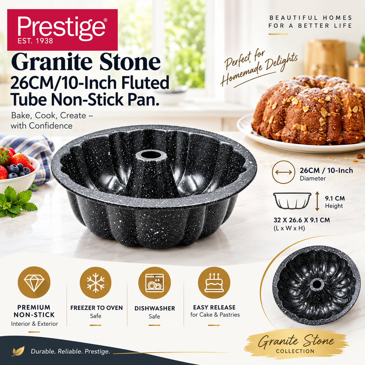 Prestige Granite Stone 26Cm/10-Inch Fluted Tube Non-Stick Pan | PR48761