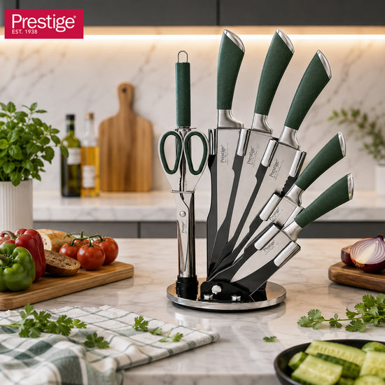Prestige Kitchen Knife Set with Acrylic Knife Stand | Premium Kitchen Set with Clear Storage Block | Laser-cut Rust-free Stainless Steel Blade | PR50910 - Green
