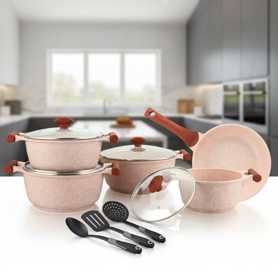 Prestige Essentials Granite 12 Piece Non-Stick Cast Aluminium Cookware sets | Induction Compatible Pots and Pans Set | Pink - PR80964