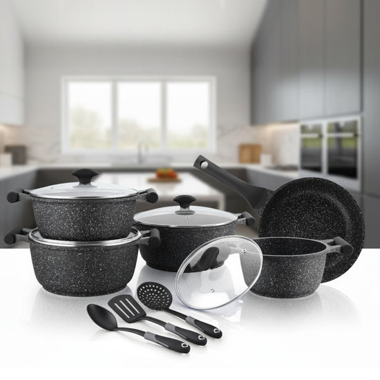 Prestige Essentials Granite 12 Piece Non-Stick Cast Aluminium Cookware sets | Induction Compatible Pots and Pans Set | Black - PR80965