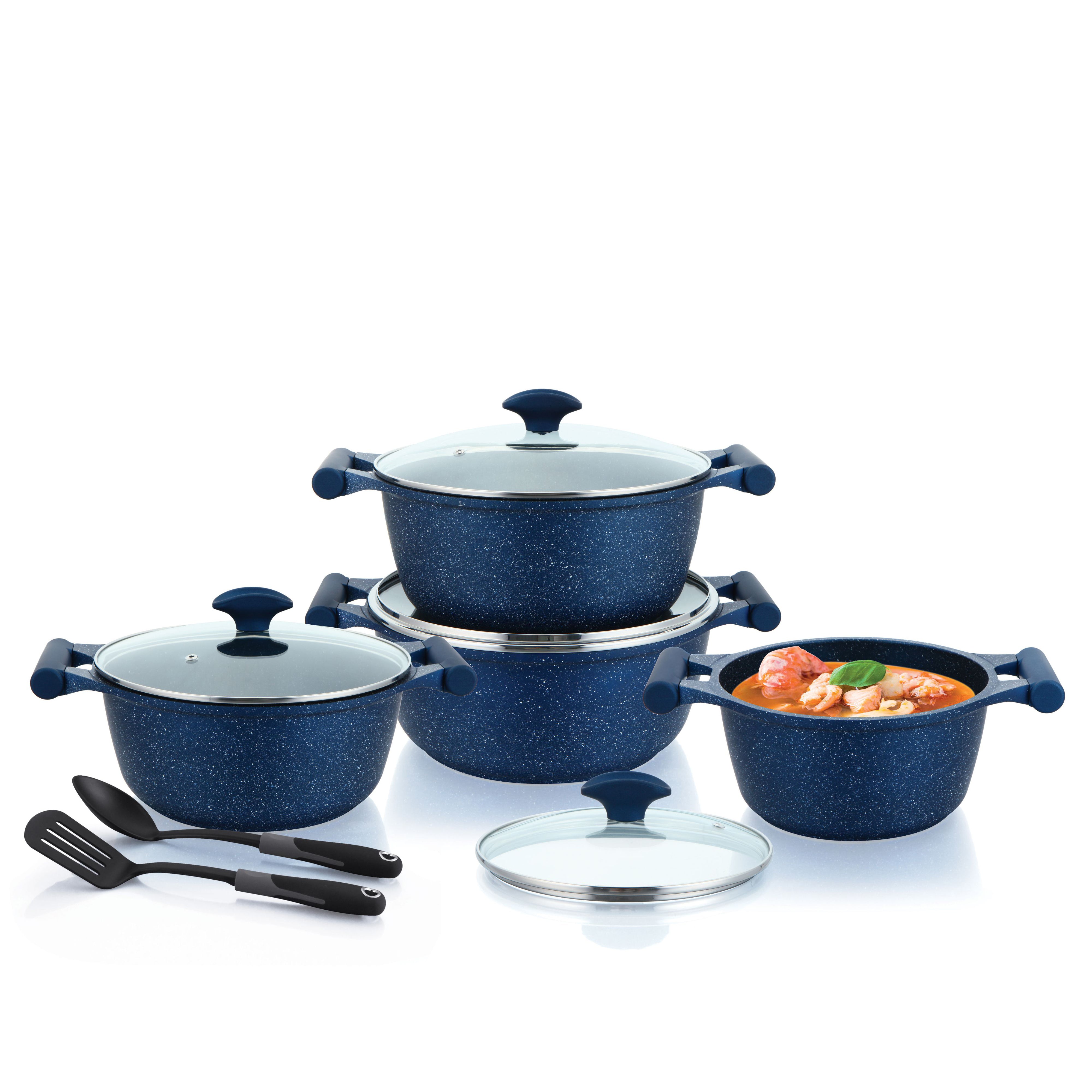 Prestige Essential 10 pcs Cookware Sets | Granite Coated Pots and Pans Set | Non-Stick Induction Compatible Cookware | Dark Blue - PR80999