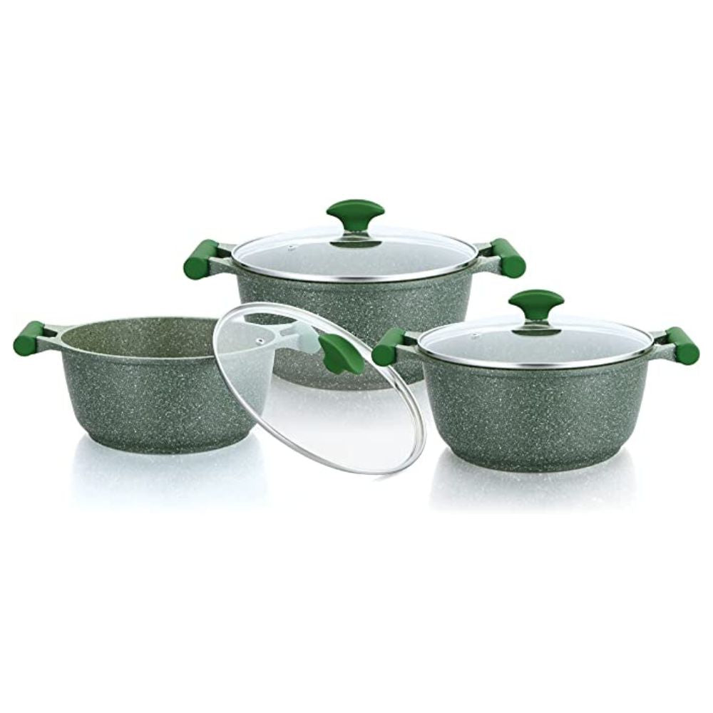 Prestige Essentials Pots and Pans Set | Granite 6 Piece Non-Stick Cast Aluminium Cookware set | Induction Base | Non Stick Cooking Set Combo | Green PR80968