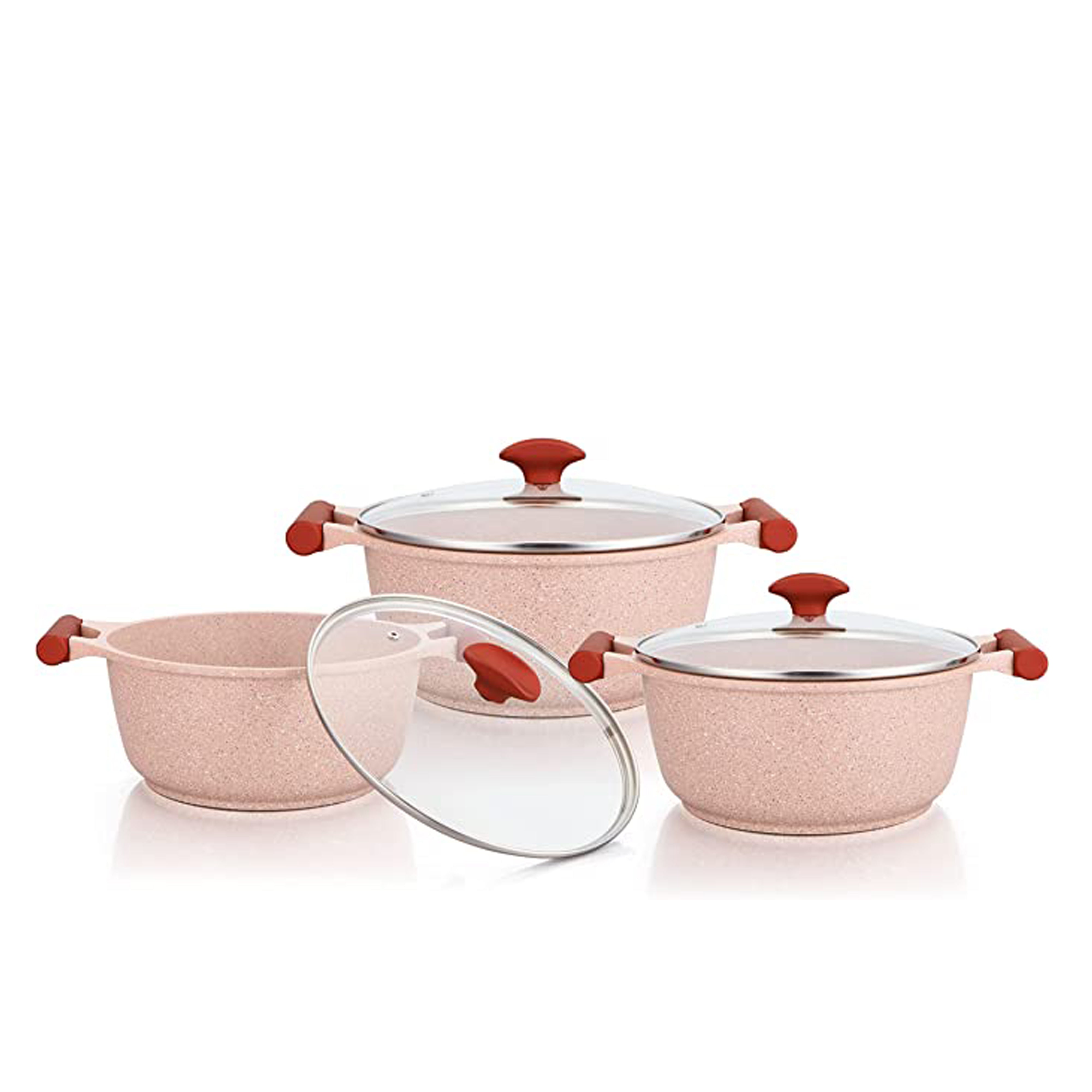 Prestige Essentials Pots and Pans Set | Granite 6 Piece Non-Stick Cast Aluminium Cookware set | Induction Base | Non Stick Cooking Set | Pink PR80969