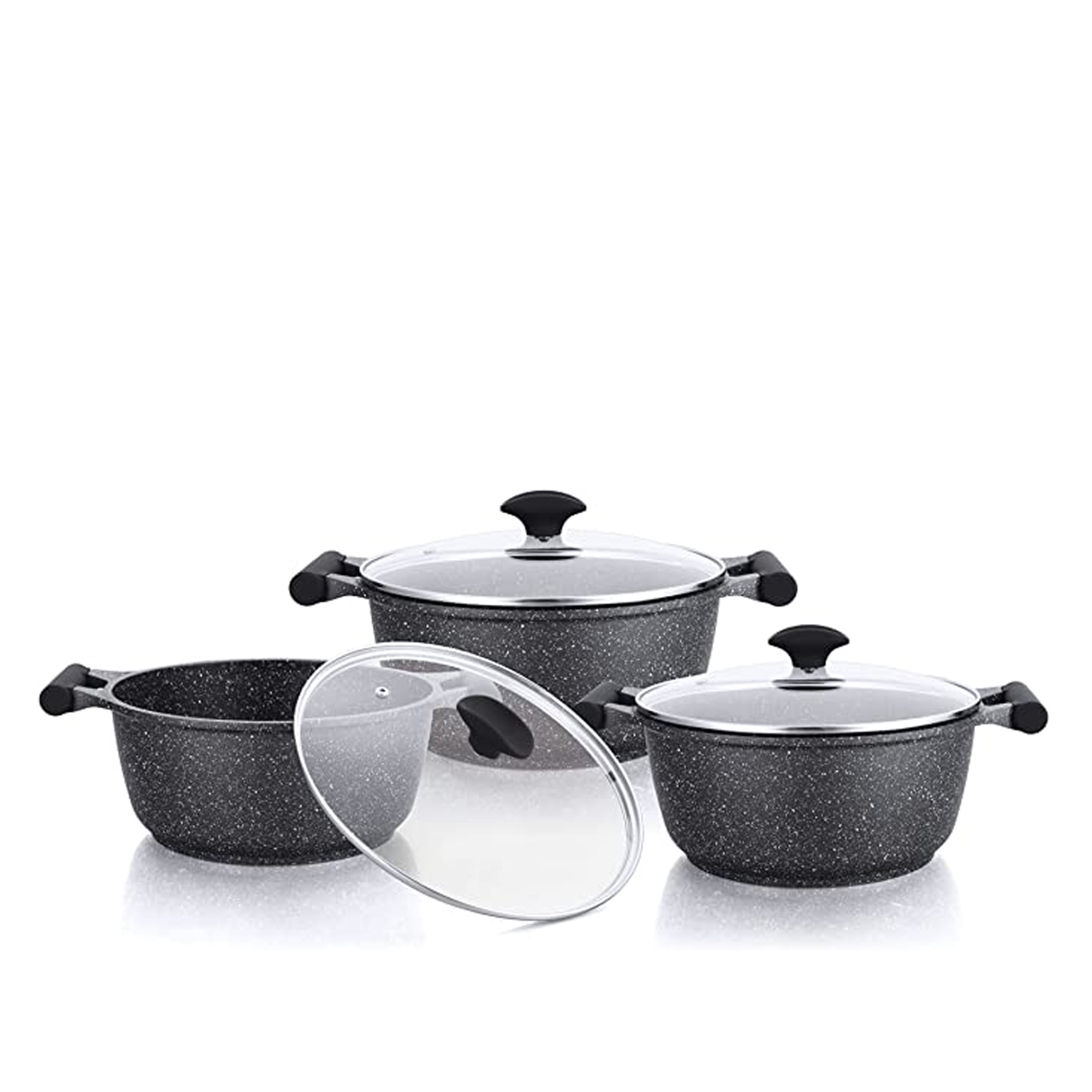 Prestige Essentials Pots and Pans Set | Granite 6 Piece Non-Stick Cast Aluminium Cookware set | Induction Base | Non Stick Cooking Set | Black PR80970