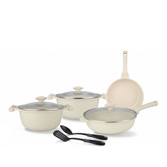 Prestige Essentials 9-Piece Off-White Granite Cookware Set | Non-Stick Pots and Pans Set | Induction Compatible Cooking Set | PR80975