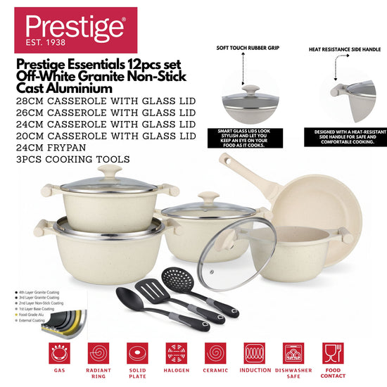 Prestige Essentials 12-Piece Off-White Granite Cookware Set | Non-Stick Pots and Pans Set | Induction Compatible Cooking Set | PR80977