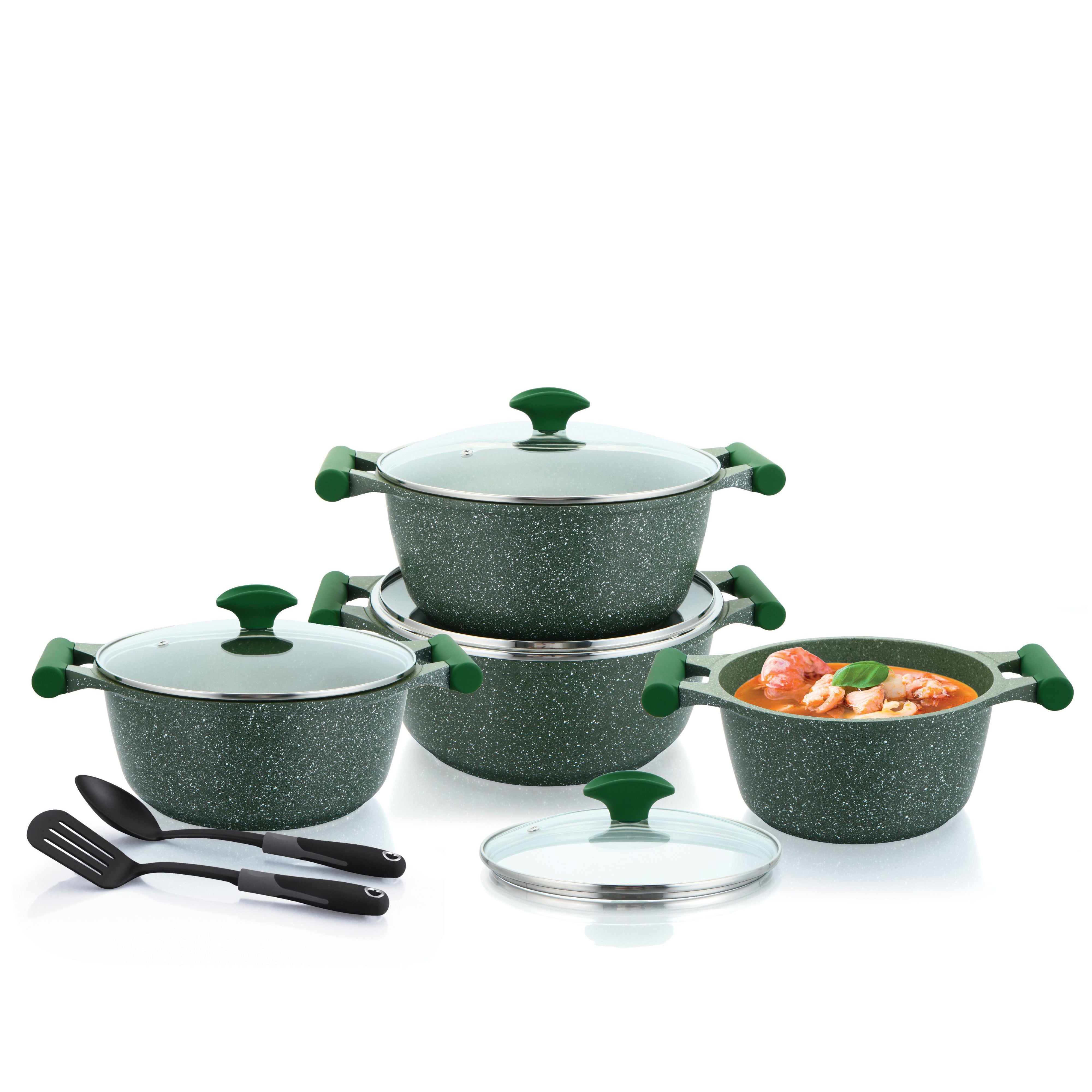 Prestige Essential 10 pcs Cookware Sets | Granite Coated Pots and Pans Set | Non-Stick Induction Compatible Cookware | Green -PR80998