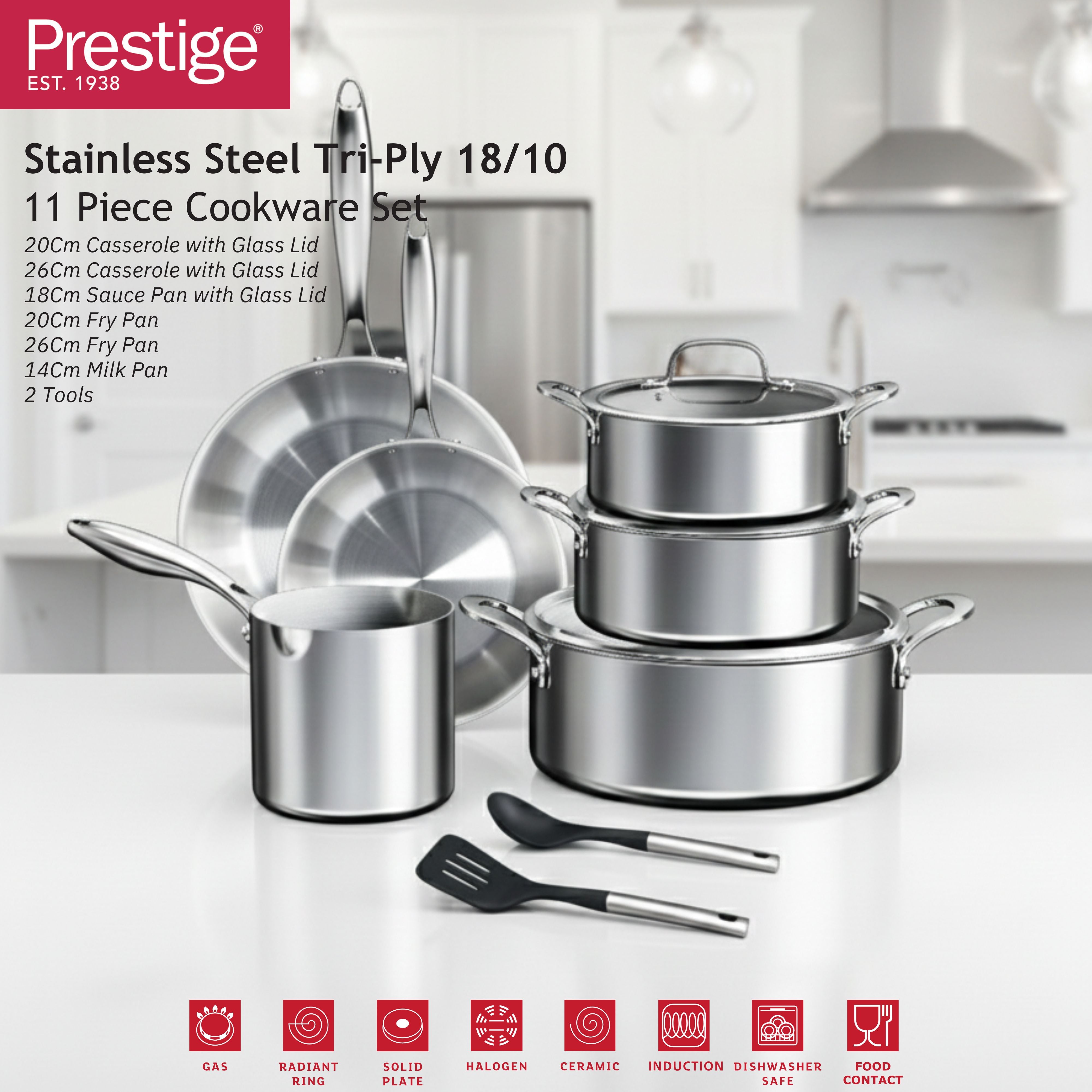 Prestige Tri Ply Stainless Steel 11 Pcs Cooking Set | Induction + all hob suitable | Pots and Pans Set | PR81202
