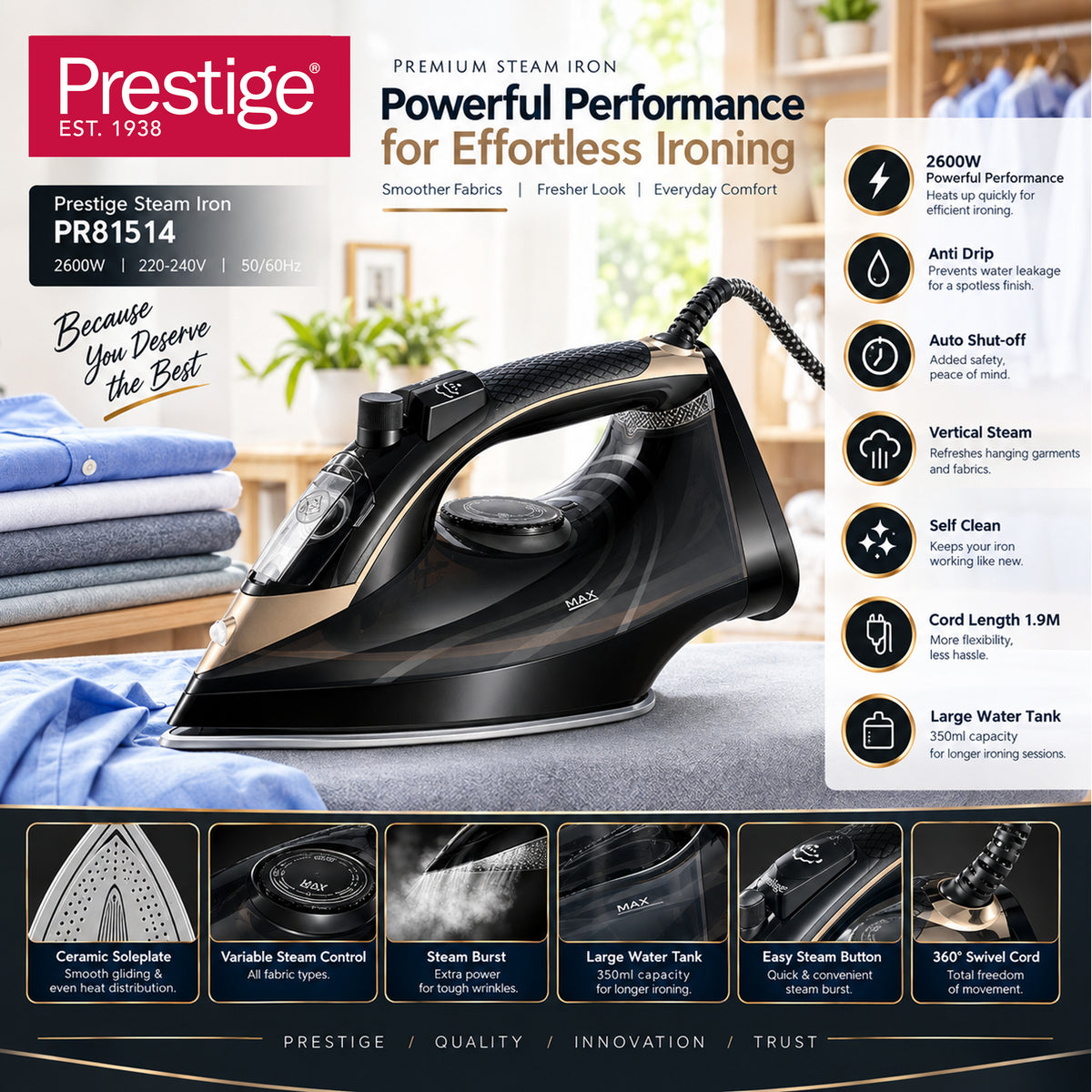Prestige Steam Iron Ceramic Soleplate 2600W-Black | PR81514