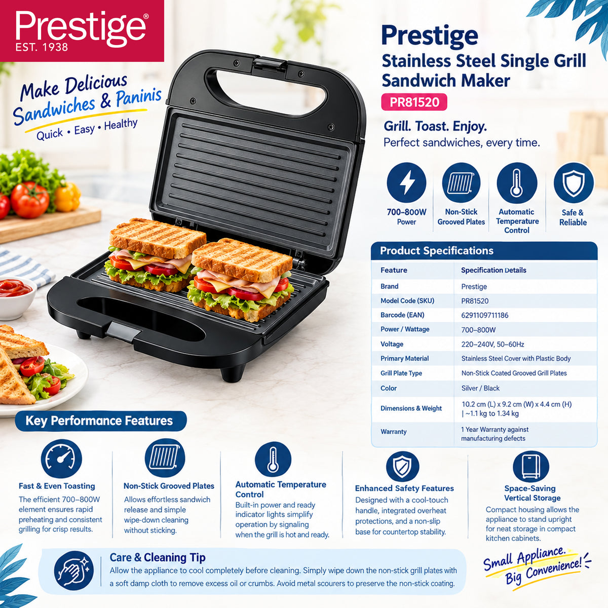 Prestige Stainless Steel Single Grill Sandwich Maker | PR81520