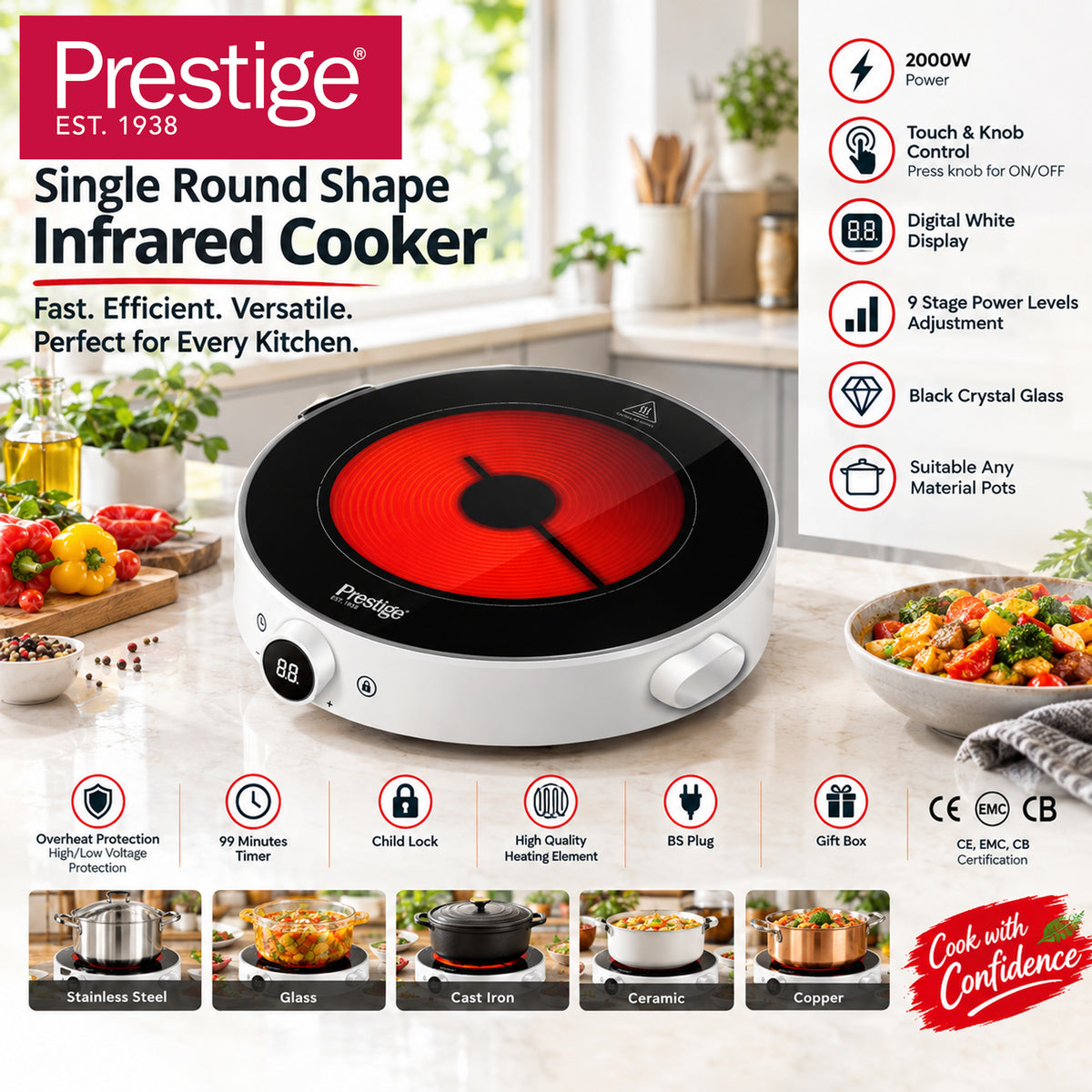 Prestige Single Infrared Cooker Round- 2000W | PR81537