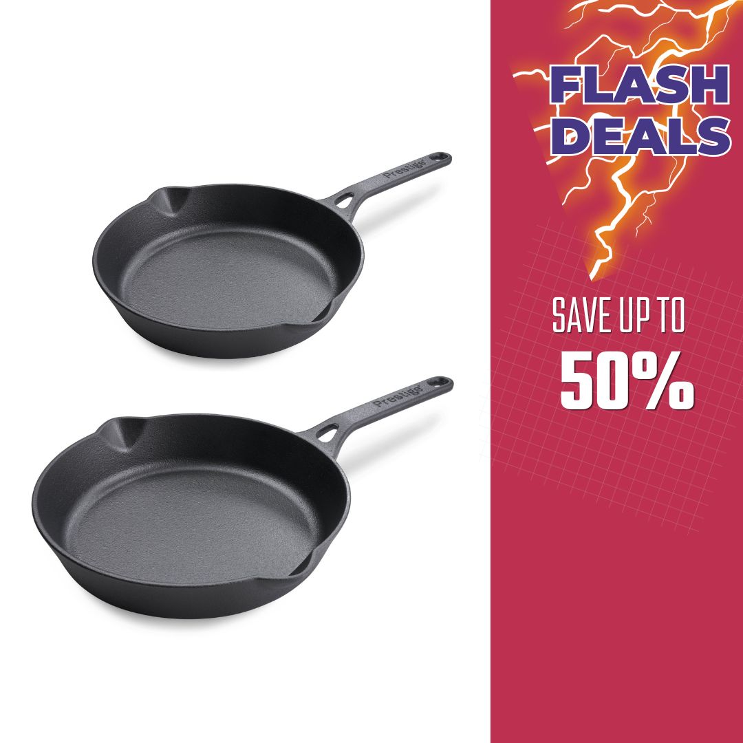 Prestige Pre-Seasoned Pre-Seasoned Cast Iron Cookware Set - 20Cm & 24Cm Frypan | Black - PR49082