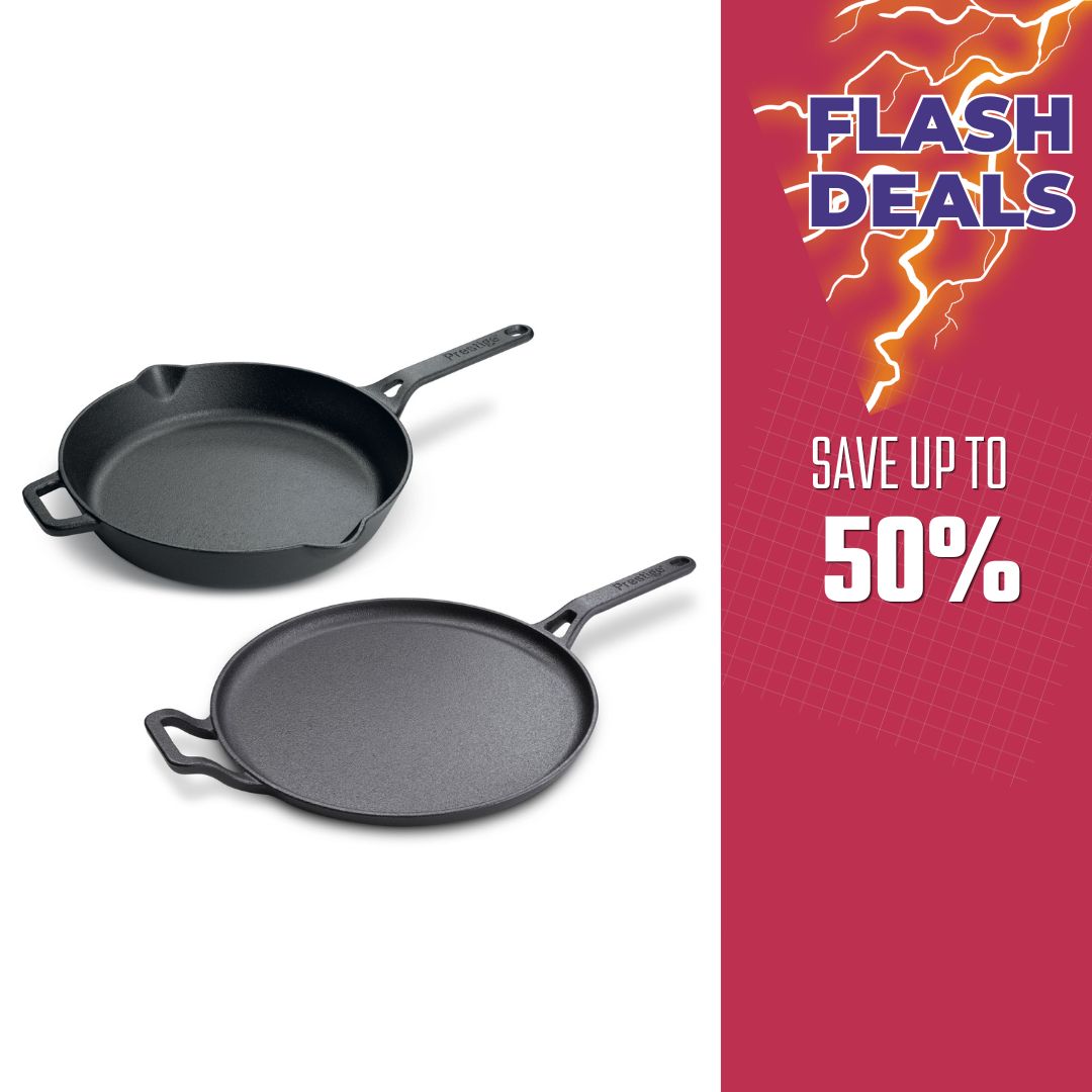 Prestige Pre-Seasoned Pre-Seasoned Cast Iron Cookware Set - 28cm Flat Dosa Tawa + 26cm Fry Pan | Black - PR49081