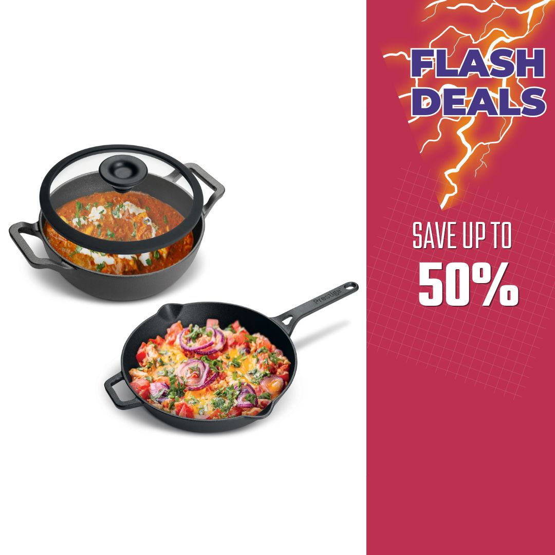 Prestige Pre-Seasoned Cast Iron Cookware Set - 24Cm Kadai W/L & 26Cm Frypan | Black - PR49083