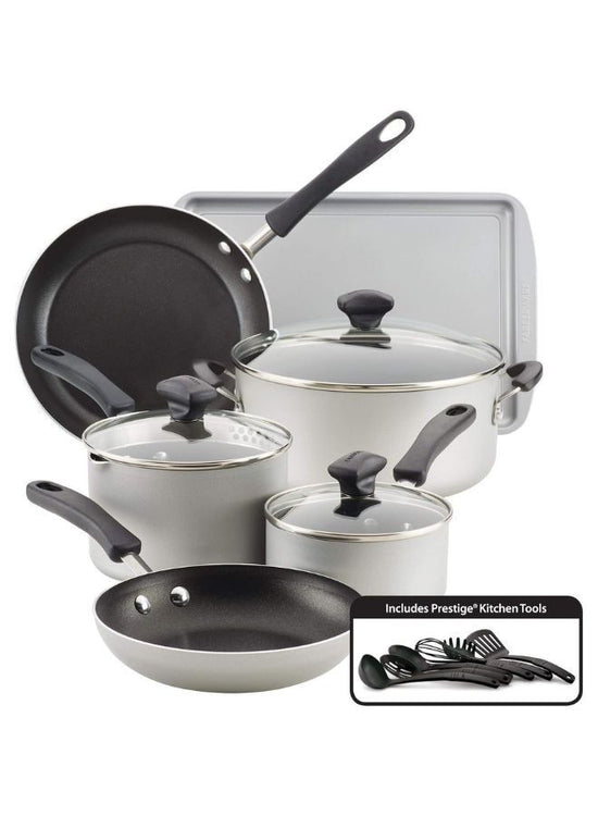Farberware Cookstart Diamond Max Nonstick Cookware Pots and Pans Set | Nonstick Cookware Sets 15 Piece - Silver