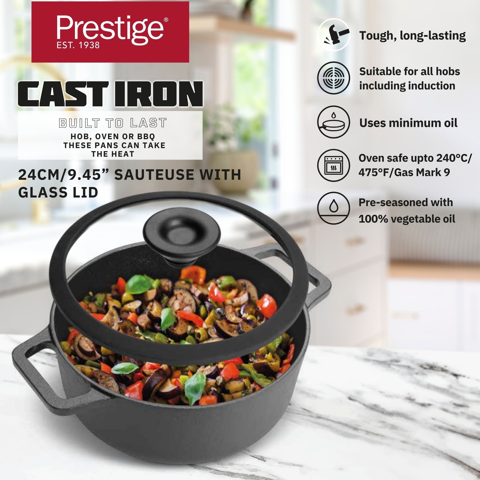 Prestige Cast Iron Pre-Seasoned Casserole 24 CM | PR48897