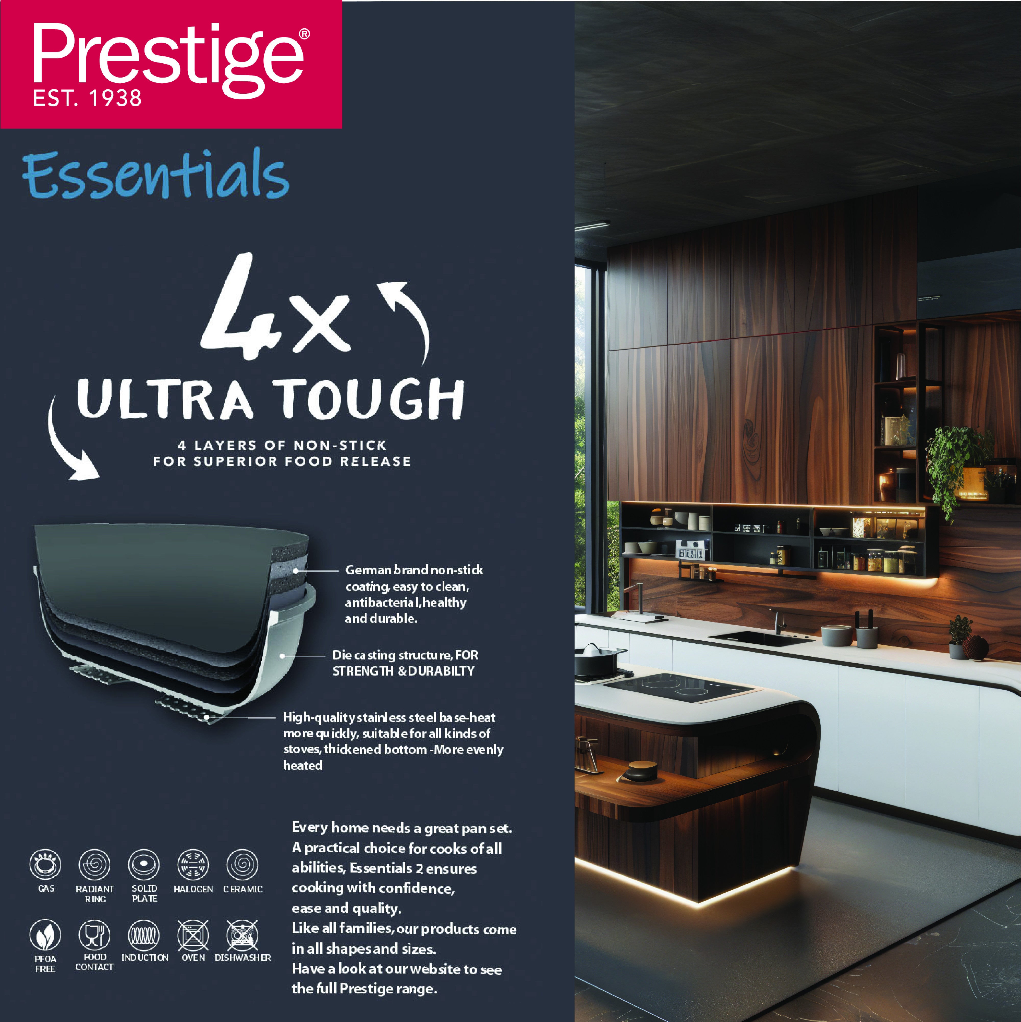 Prestige Essentials Sauce Pan with Glass Lid 18 Cm | Induction Compatible Non Stick Pan | Granite Coted Cooking Pot | Green - PR81107