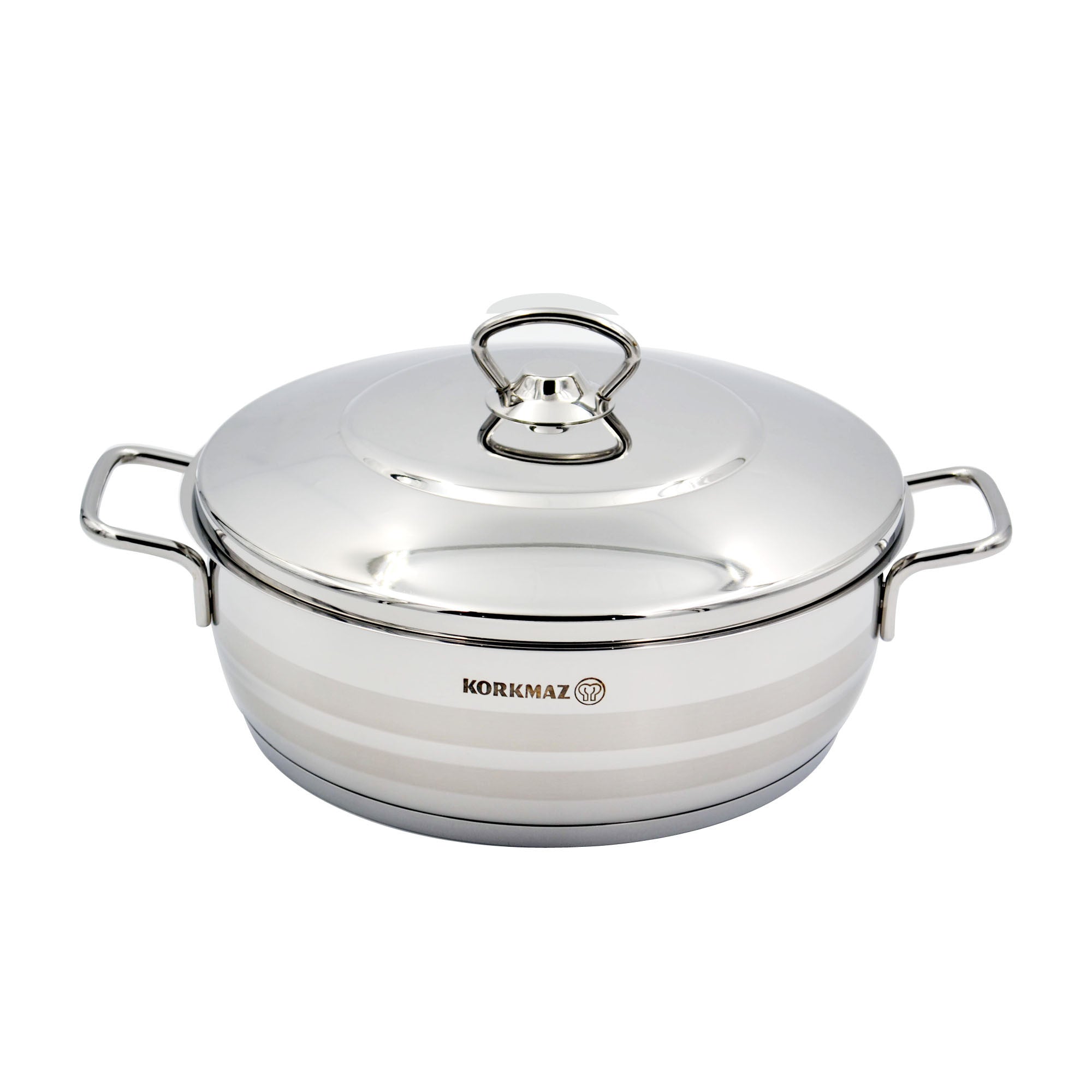Korkmaz Astra Stainless Steel Low Casserole Silver 24x8 cm / 3.6 L | Induction Compatible Tri-Ply Bottom Cooking Stock Pot with Lid | Silver - KA1904