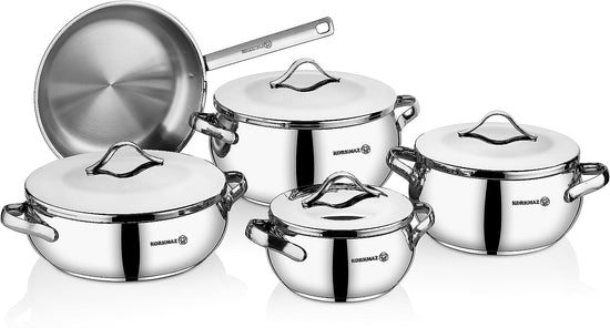 Korkmaz Rondo 9 Pcs Stainless Steel Cookware Set | Industion Compatible Tri-Ply Bottom Pots and Pans Set | Silver - KA1976
