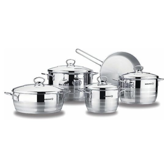 Korkmaz Astra 9 Pcs Stainless Steel Cookware Set | Induction Compatible Tri-Ply Bottom Pots and Pans Set | Silver - KA2020