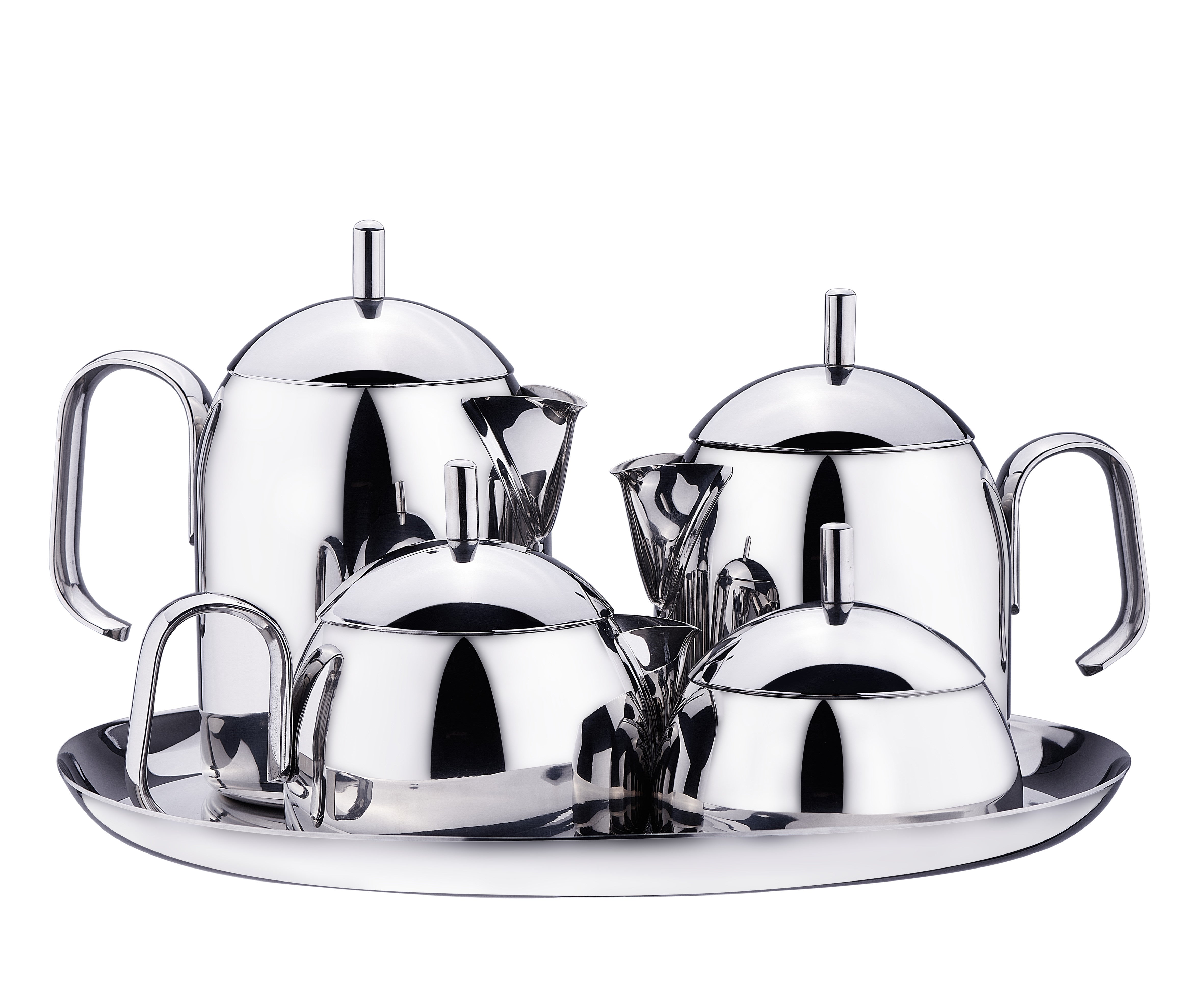 Korkmaz Pera 9 Pcs Tea & Coffee Set | Stainless Steel with Tray, Teapot, Coffee Pot, Milk Bowl, and Sugar Bowl | Silver - KA280