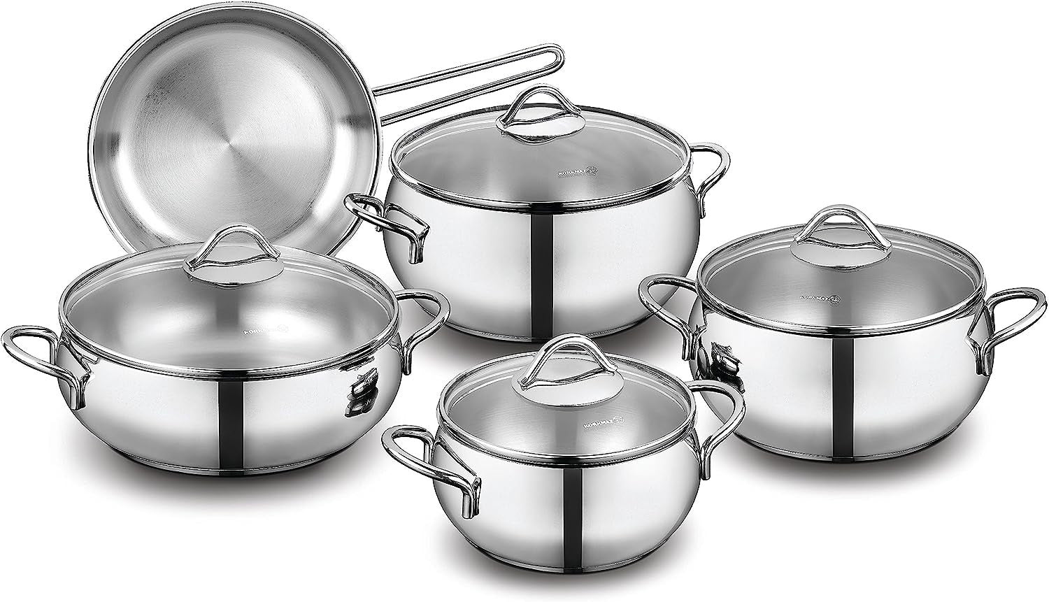Korkmaz Tombik 9 Pieces Stainless Steel Cookware Set | Induction Compatible Tri-Ply Bottom Pots and Pans Set | Silver - KA1800