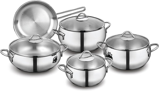 Korkmaz Tombik 9 Pieces Stainless Steel Cookware Set | Induction Compatible Tri-Ply Bottom Pots and Pans Set | Silver - KA1800