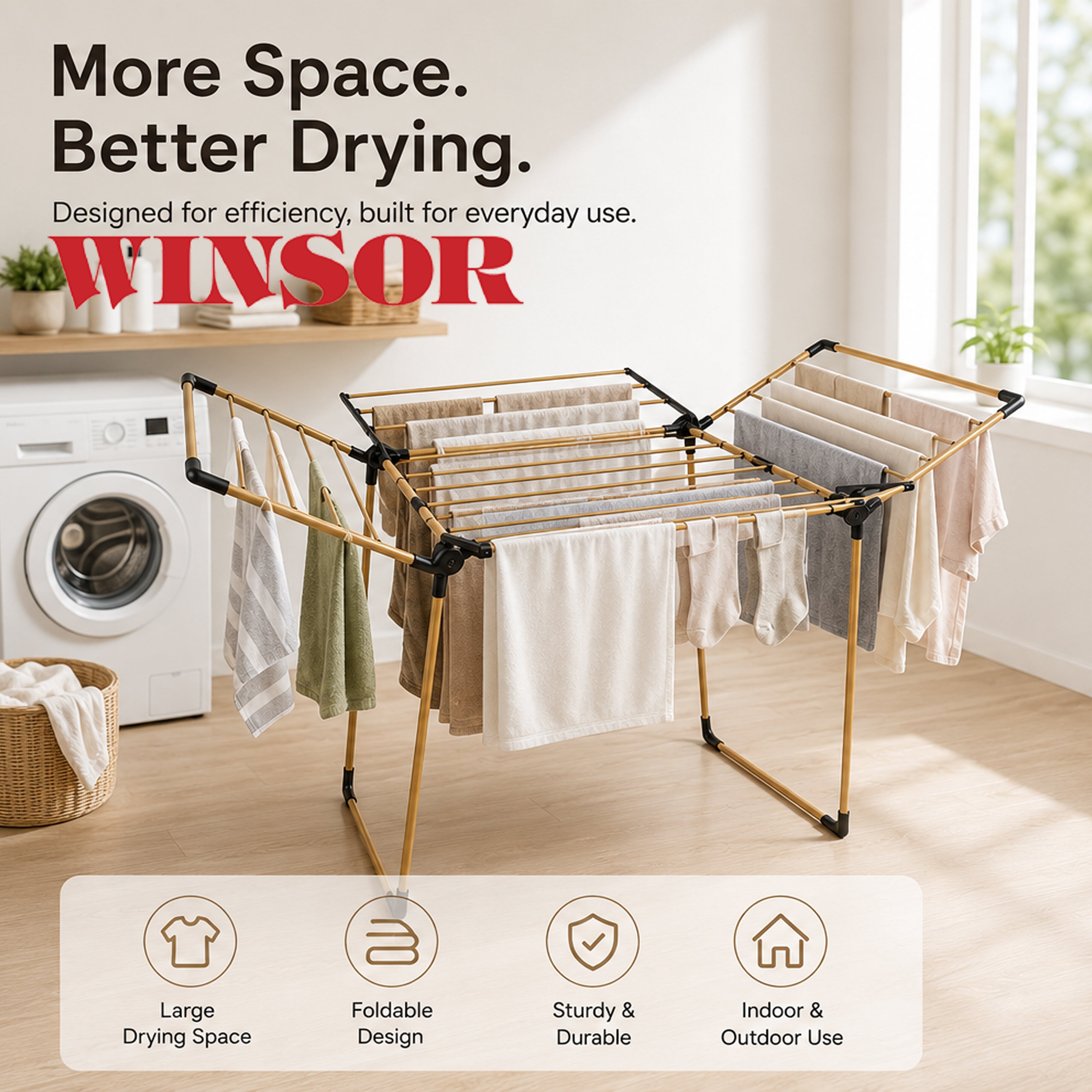 Winsor 21M Gold Clothes Drying Foldable Stand – Heavy Duty Iron Tubes with Rust Proof Powder Coating Laundry Dryer - WR80846 (Golden Edition)