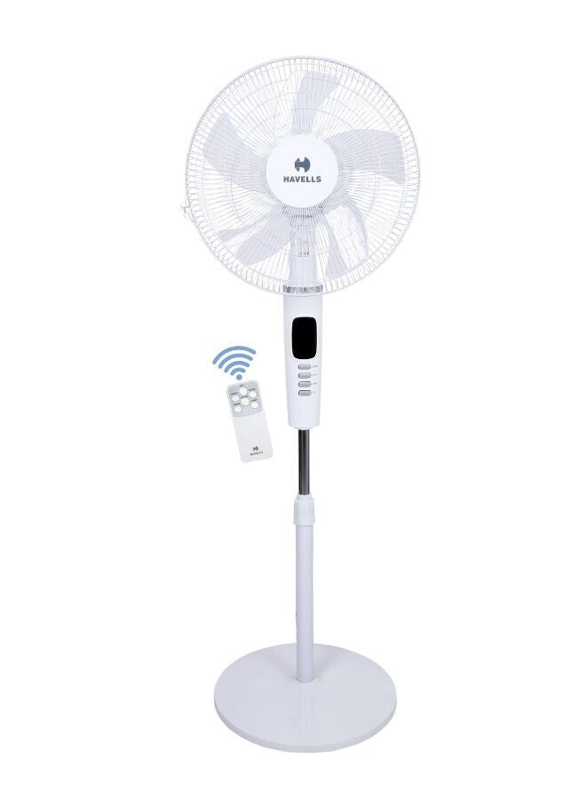 Havells Rigo Pedestal Stand Fan with Remote White 400Mm | 3 Speed Levels & Adjustable Height | 5AS Blade with 1 Hours Timer