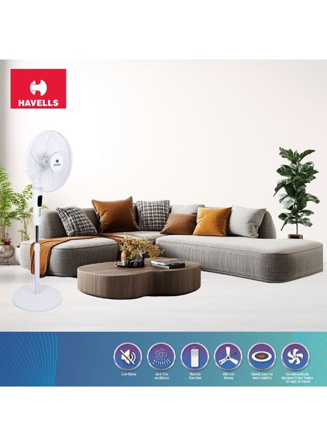 Havells Rigo Pedestal Stand Fan with Remote White 400Mm | 3 Speed Levels & Adjustable Height | 5AS Blade with 1 Hours Timer