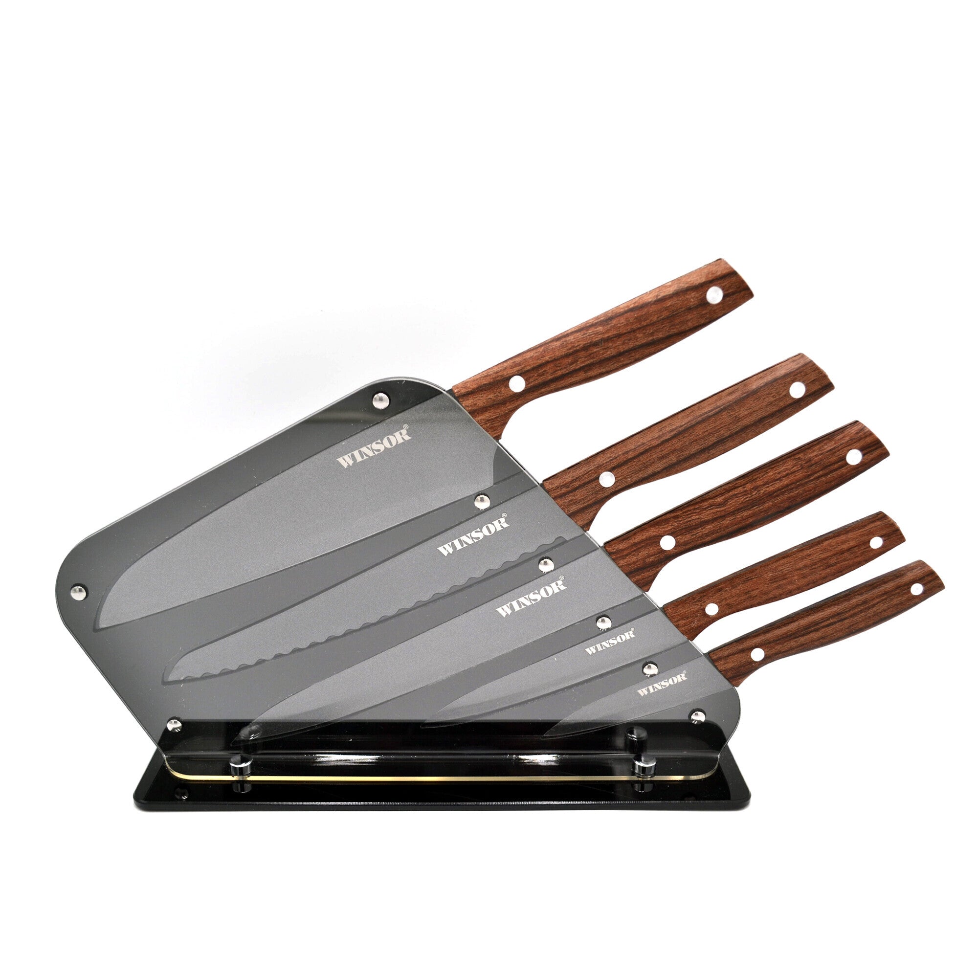 Winsor 5pcs stainless steel non-stick coating wood pattern handle chef set with acrylic block the kitchen knives Set | WR80813