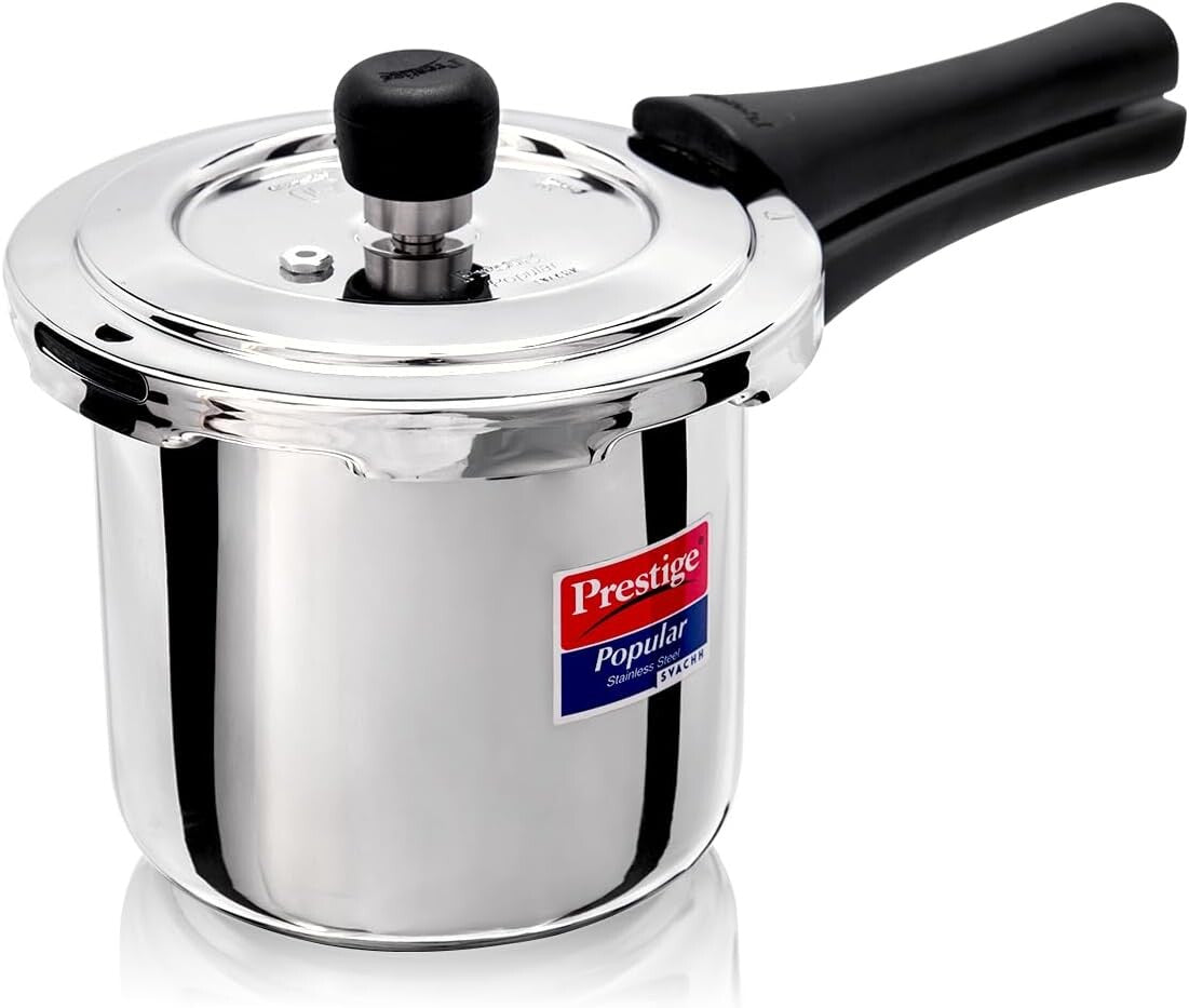 Prestige 2 Litre Stainless Steel Popular Svachh Outerlid Pressure Cooker | Deep lid for spillage control |Gas & Induction Compatible|Controlled Gasket Release System