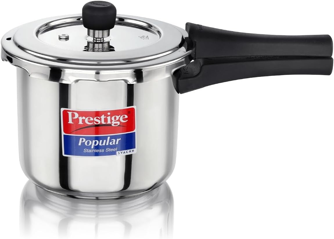 Prestige 3 Litre Stainless Steel Popular Svachh Outerlid Pressure Cooker | Deep lid for spillage control |Gas & Induction Compatible|Controlled Gasket Release System
