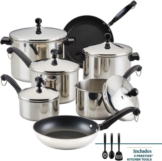 Farberware Classic Stainless Steel Cookware Pots and Pans Se | 15-Piece Cooking Set - FB50049 Silver