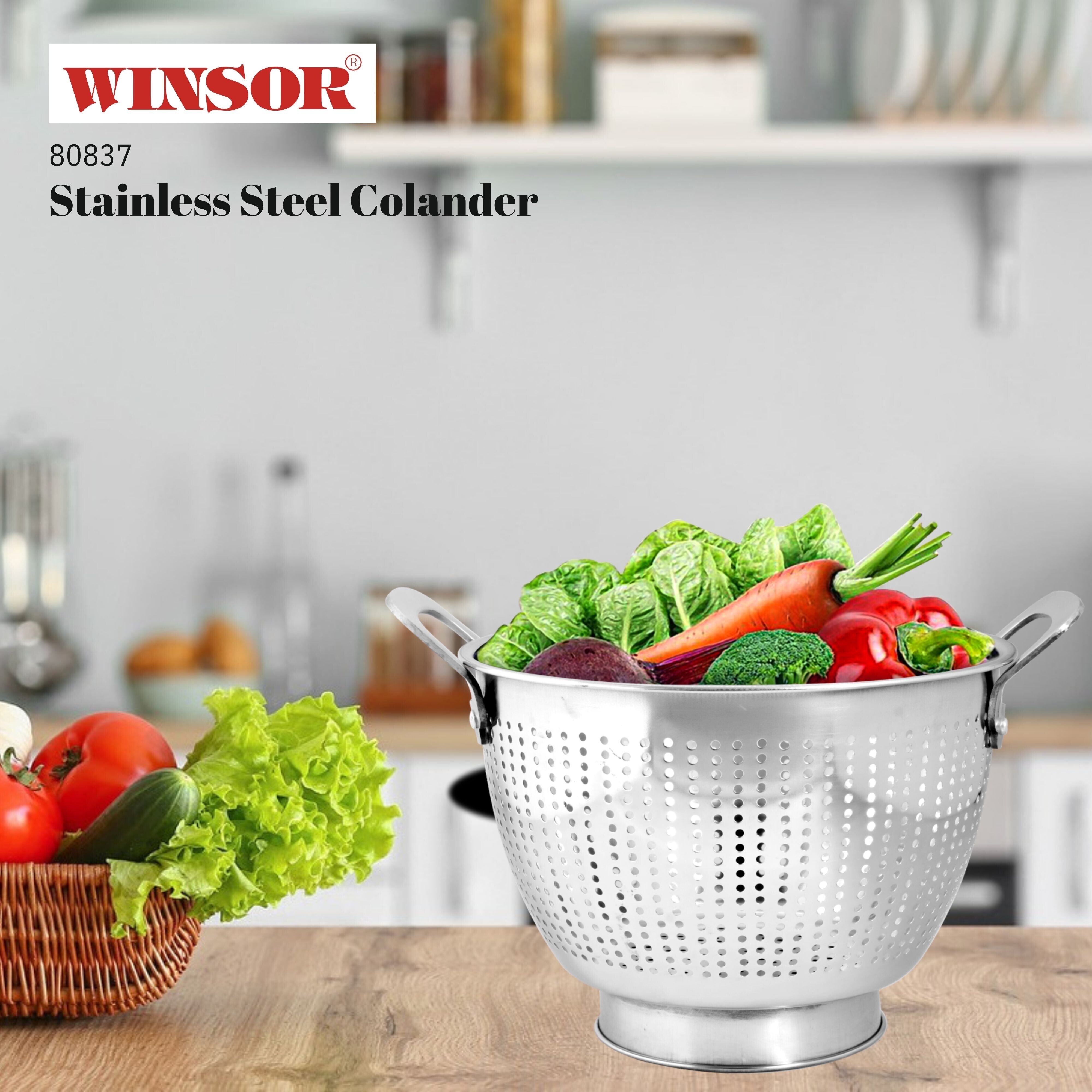 Winsor 29 Cm Stainless Steel Colander | Strainer Basket with Handle Vegetable Washing Filter Basket | Fruit Vegetable Washing Bowl Metal Sink Strainer Mesh Colander Drain Net Basket | WR80837