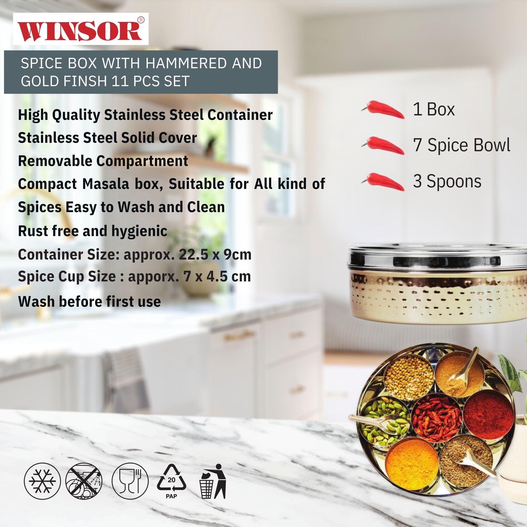 Winsor Spice Box with Hammered and Gold Finish 11 Pcs Set | WR80833