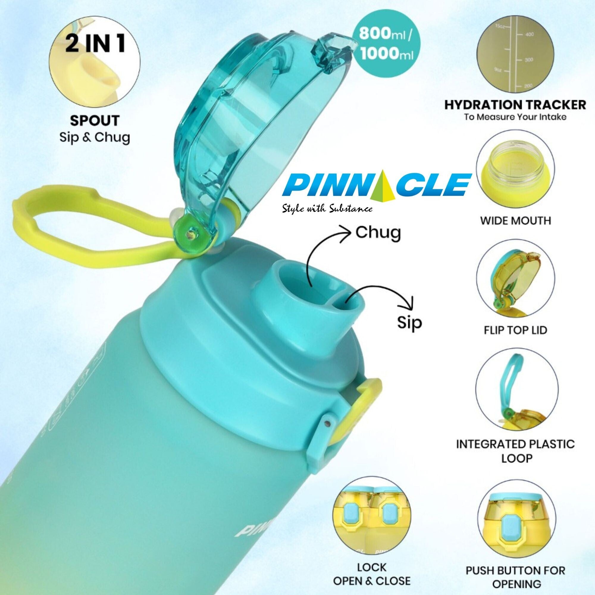 Winsor Pinnacle Wave Hydration Leak-Proof Water Bottle 1000 Ml | Green - WPHY-G-1017