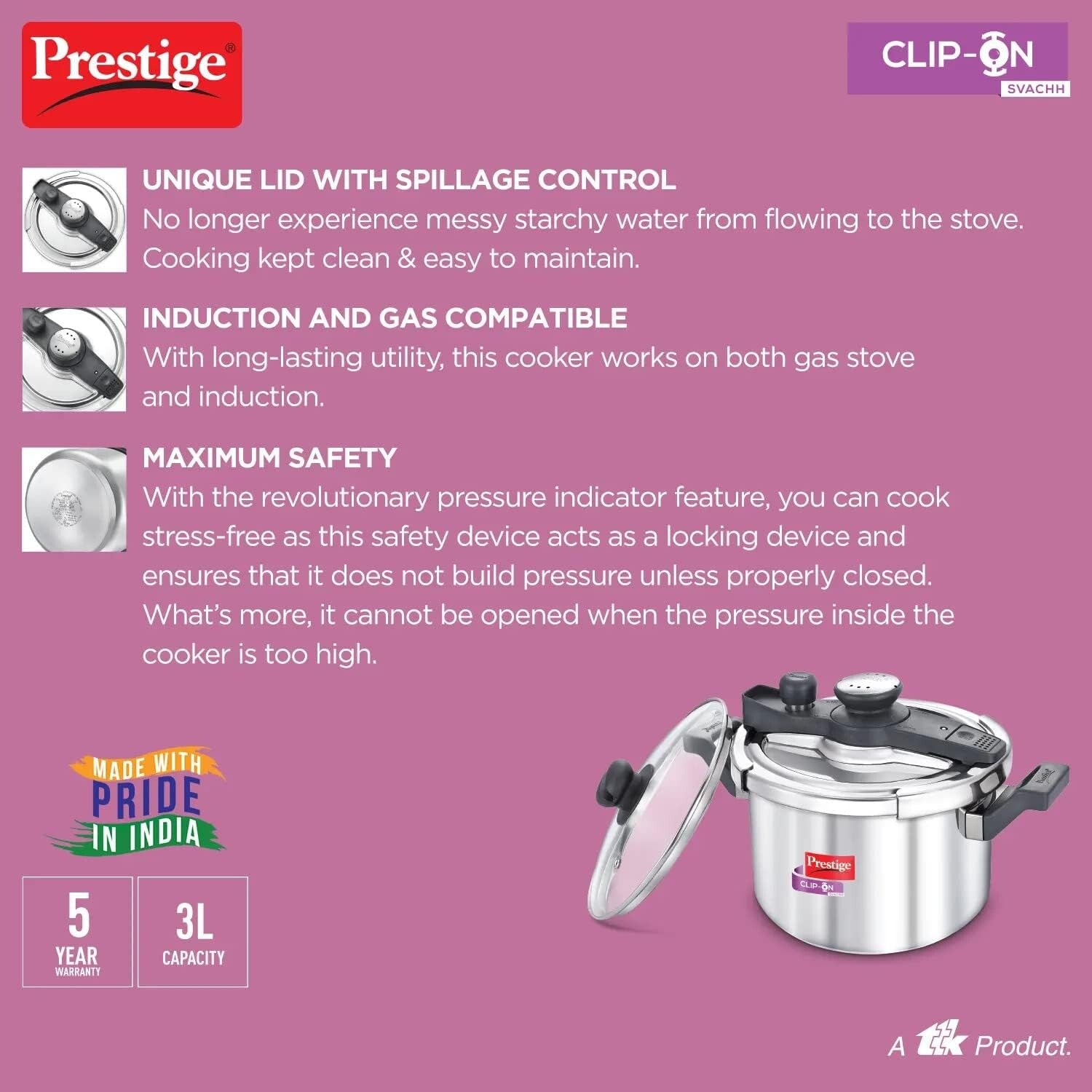 Prestige Clip on Svachh Stainless Steel 5L pressure Cooker | MPC20230