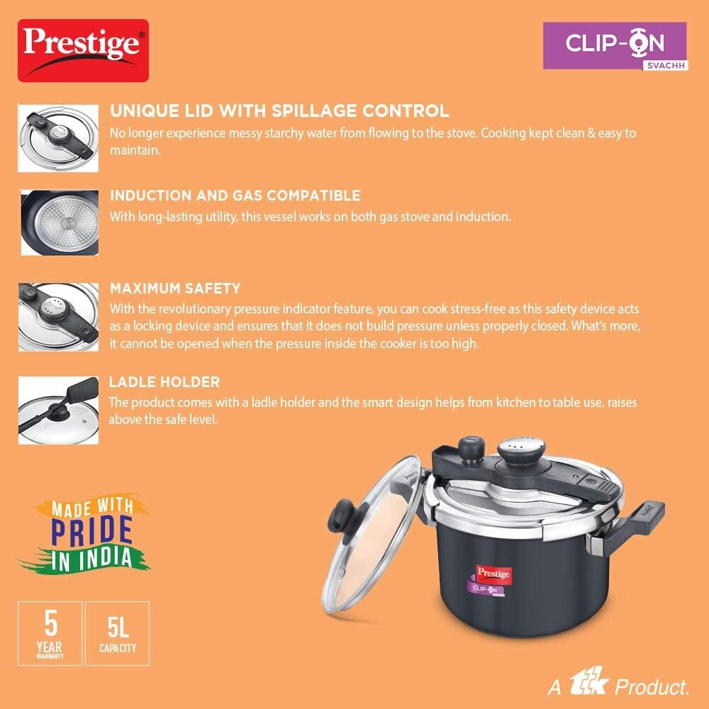 Prestige Svachh Clip-on 5 Litre Hard Anodised Pressure Cooker, Black | MPCHA20242