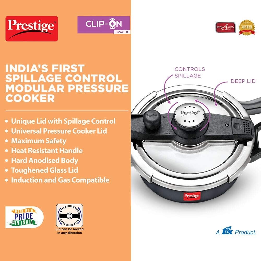 Prestige Svachh Clip-on 5 Litre Hard Anodised Pressure Cooker, Black | MPCHA20242