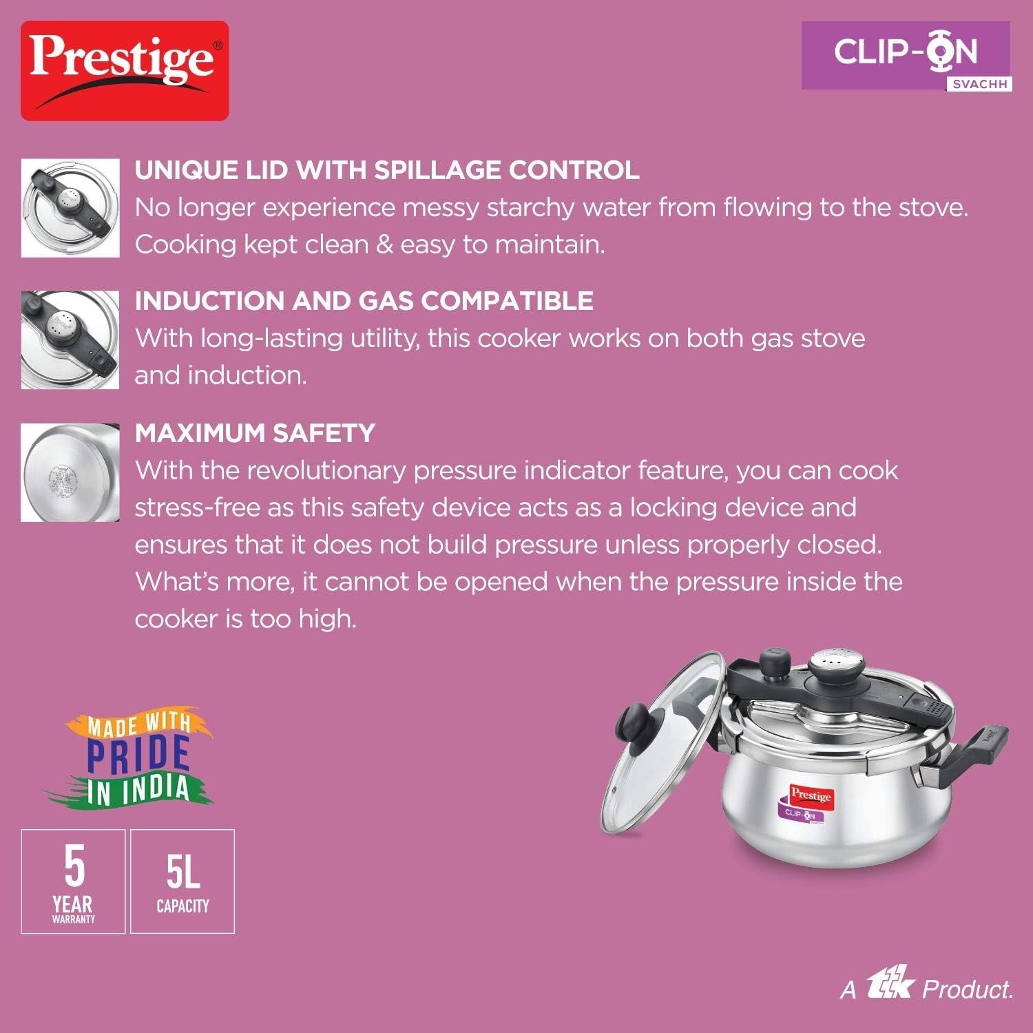 Prestige Svachh Clip-on 5 Litre Stainless Steel Pressure Cooker Handi | MPCH20233