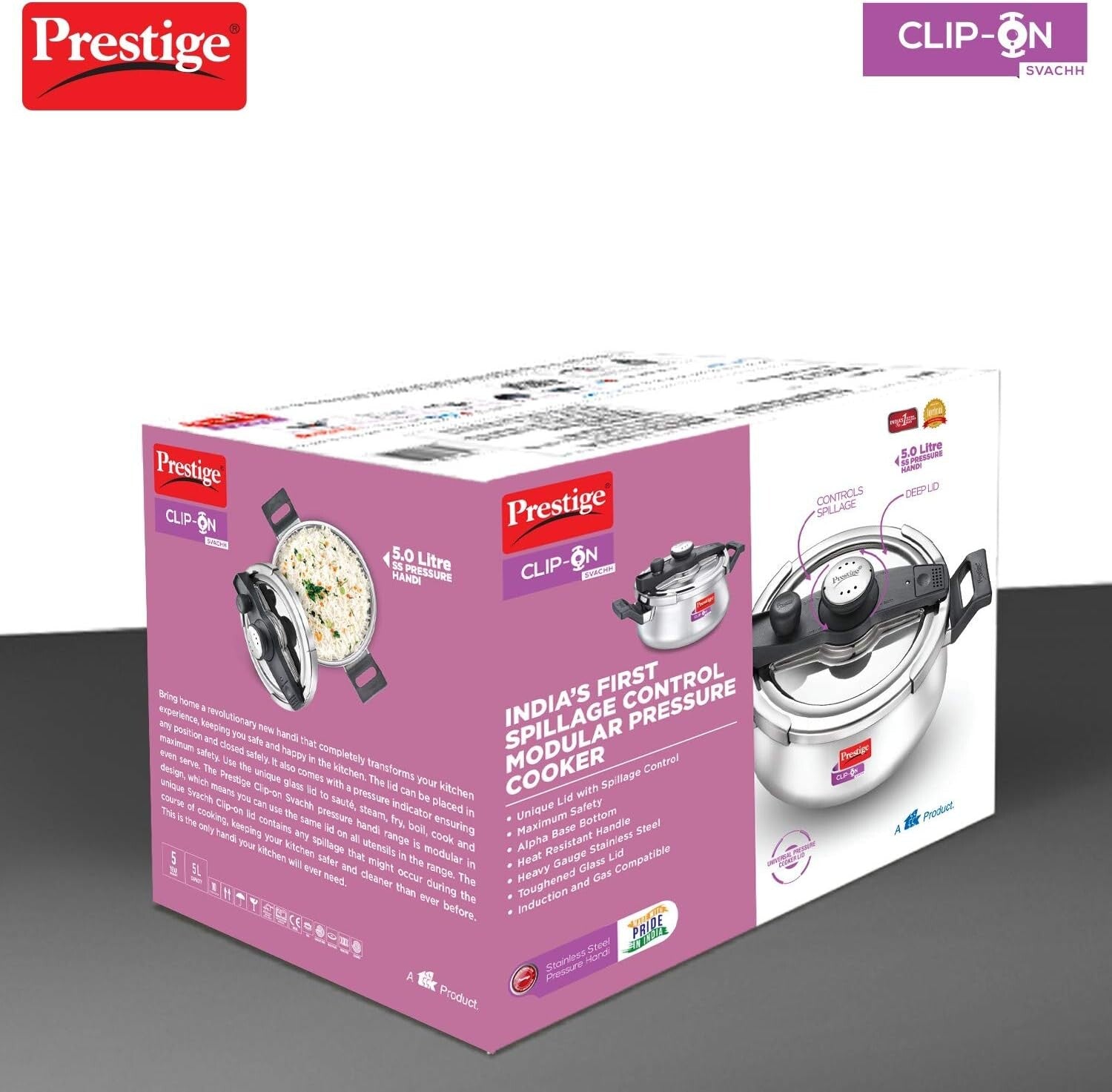 Prestige Svachh Clip-on 5 Litre Stainless Steel Pressure Cooker Handi | MPCH20233