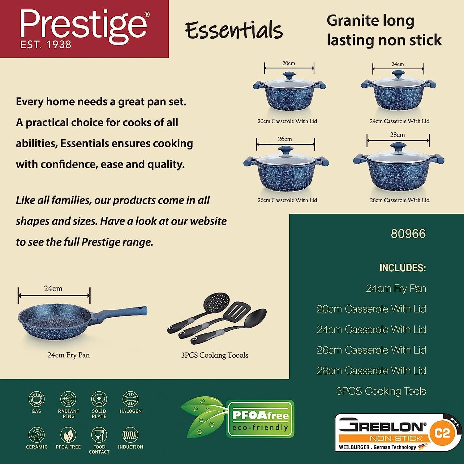 Prestige Essentials Granite 12 Piece Non-Stick Cast Aluminium Cookware sets | Induction Compatible Pots and Pans Set | Blue - PR80966