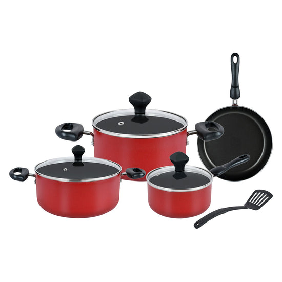 Prestige Value Pack Non-Stick Cast Aluminium Cookware sets 8 Pcs | Pots and Pans Set | Stock Pot Set | Milk Pan | Fry Pan | PR21952 - Red