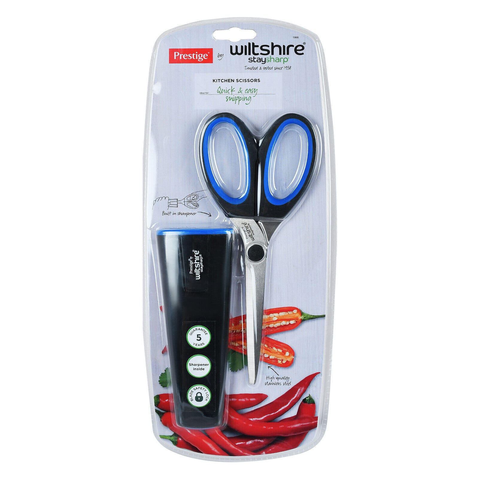Prestige Staysharp Kitchen Scissors | Wiltshire Stainless Steel Material Scissors with Built-in Sharpner | PR1966 - Blue