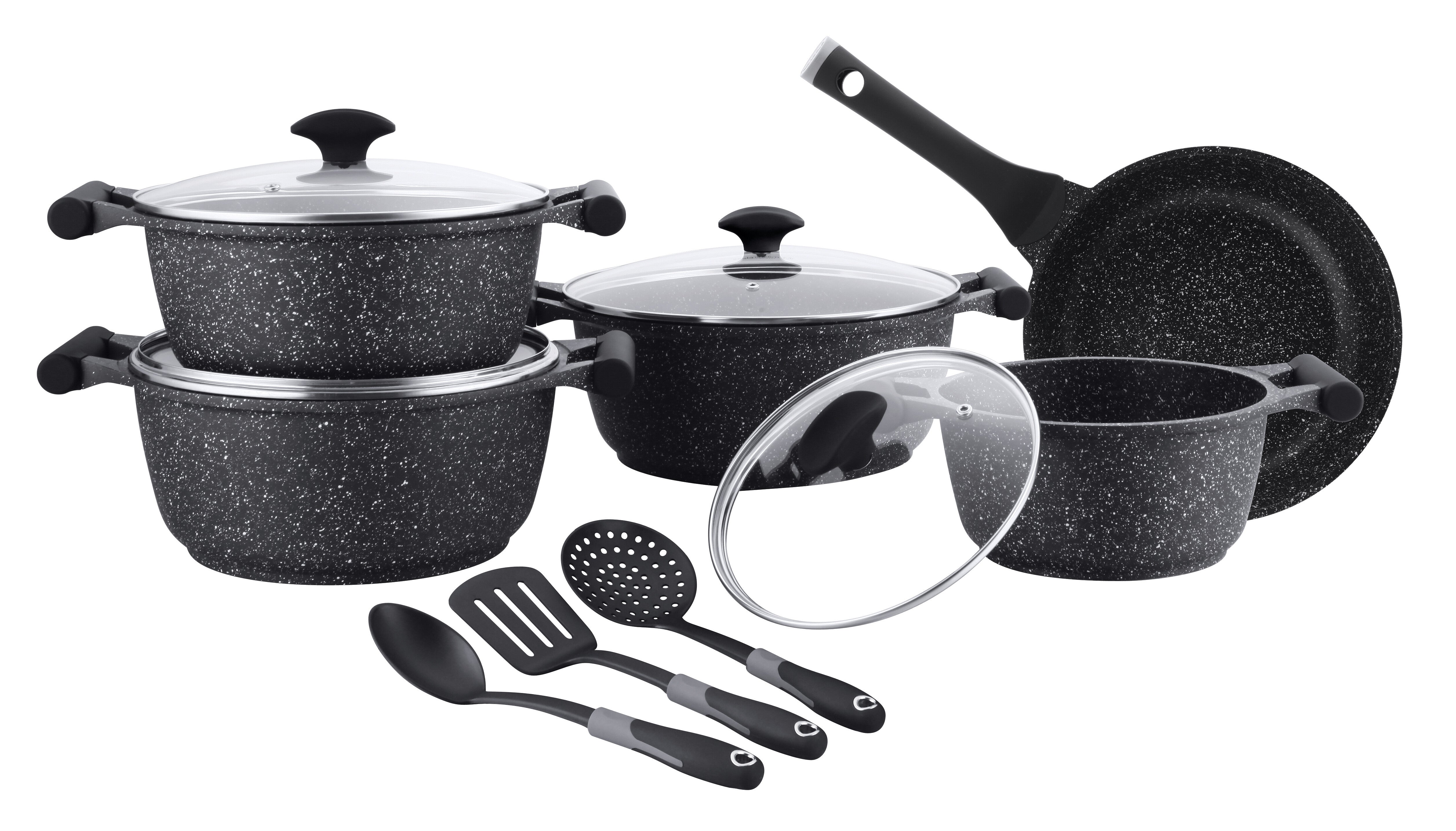Prestige Essentials Granite 12 Piece Non-Stick Cast Aluminium Cookware sets | Induction Compatible Pots and Pans Set | Black - PR80965
