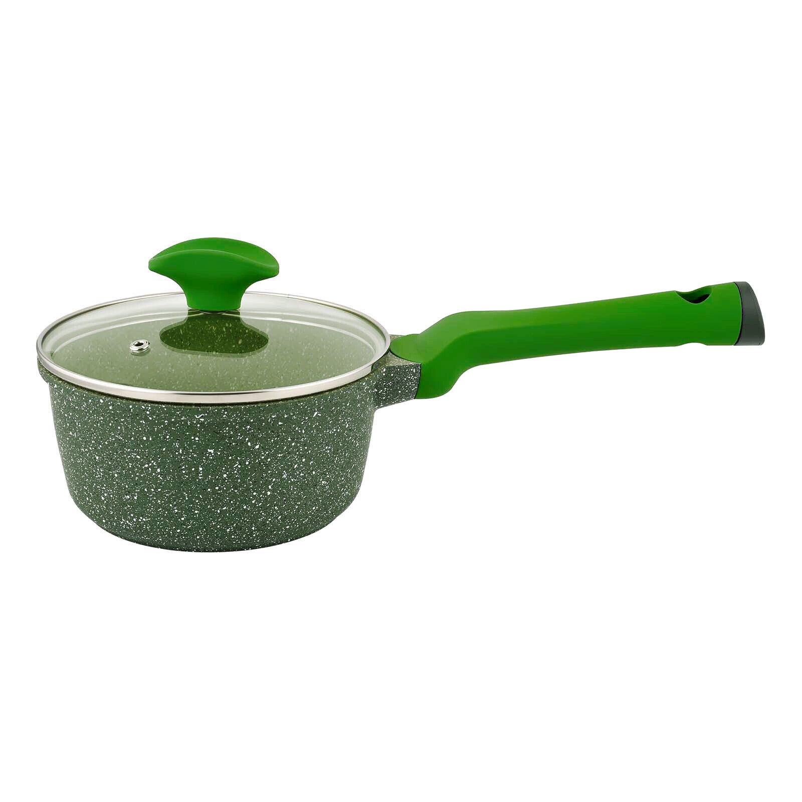 Prestige Essentials Sauce Pan with Glass Lid 16 Cm | Induction Compatible Non Stick Pan | Granite Coted Cooking Pot | Green - PR81106