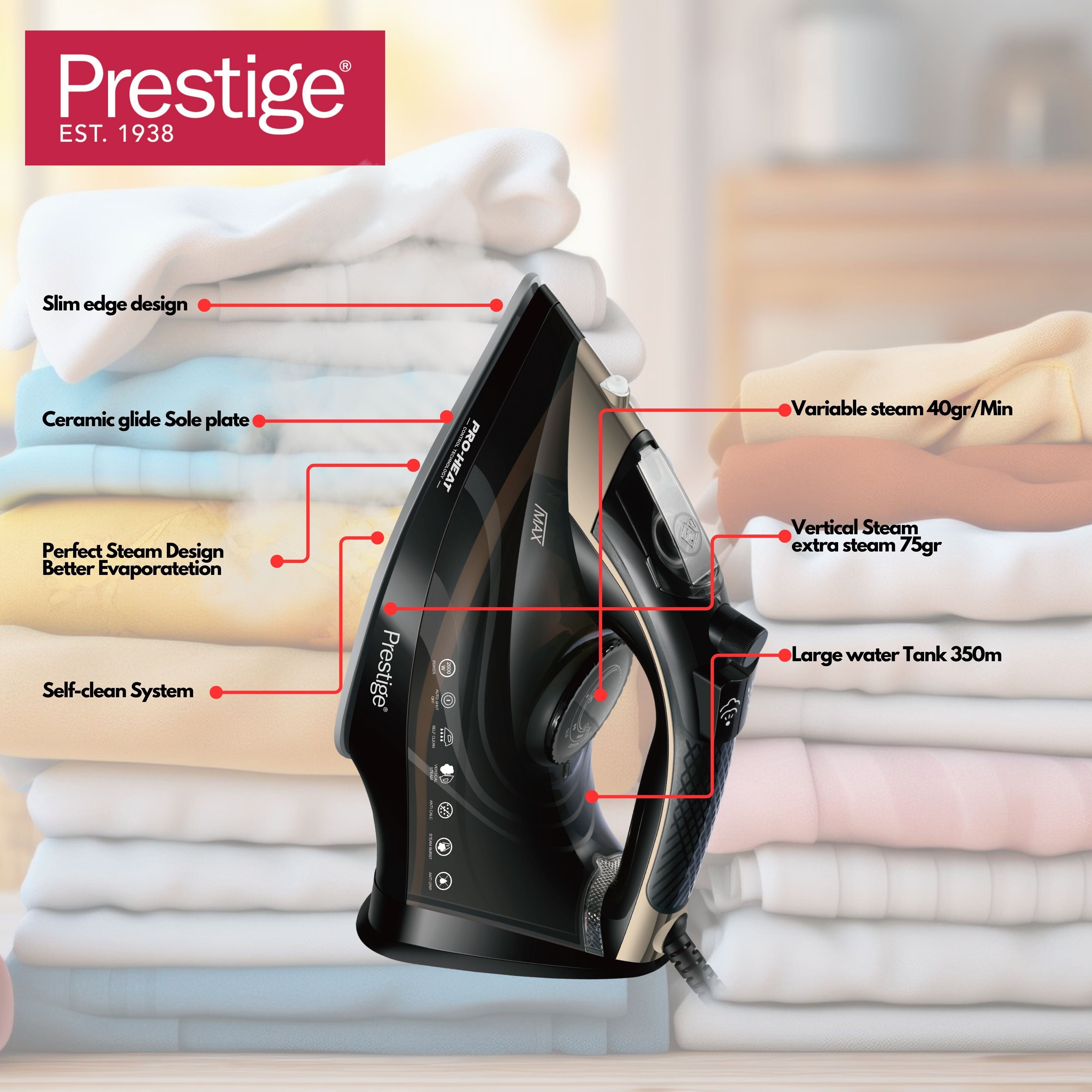 Prestige Steam Iron Ceramic Soleplate 2600W-Black | PR81514