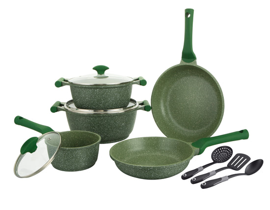 Prestige Essentials Nonstick Pots and Pans Set | Induction Cookware Set 11 Pieces | Non Stick Set Combo | Granite Cooking Set | Fry Pan Non Stick Combo Set | Green - PR80986